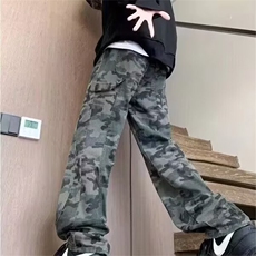 抖音得物美式复古迷彩微喇工装裤男款vibe高街裤子修身牛仔裤AK11，男装牛仔裤，电商A443