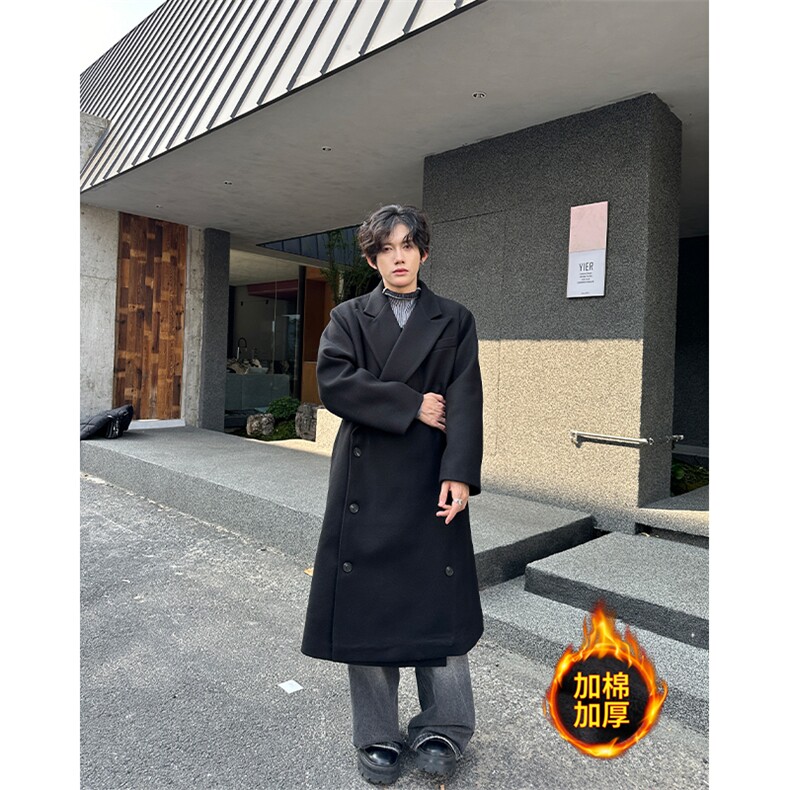 现货~黑色垫肩毛呢大衣冬季赫本英伦风长款教父风衣外套Y900-P135，男装风衣，星座1004-3