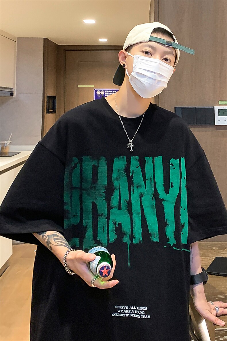 HXY1184TP25-控价38港风夏季2023创意印花宽松潮流短袖T恤男夏,男装T恤,电商A102-1