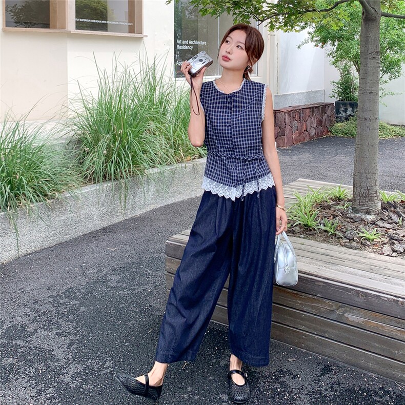 盐甜系小个子格纹背心套装女夏新款轻薄休闲显瘦牛仔阔腿裤两件套,女装套装/套裙,2C239