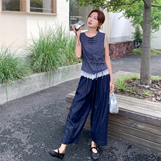 盐甜系小个子格纹背心套装女夏新款轻薄休闲显瘦牛仔阔腿裤两件套，女装套装/套裙，2C239