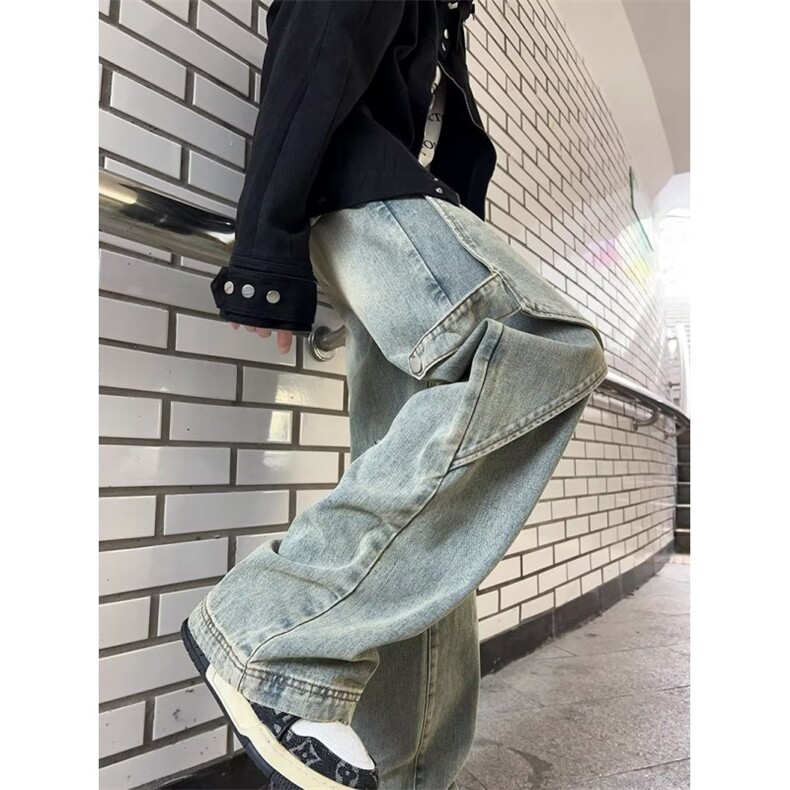 泥黄色工装牛仔裤男春秋季美式高街阔腿裤设计感潮牌宽松直筒裤子,男装牛仔裤,星座813-2