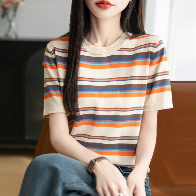 特惠印花超火减龄上衣韩系夏天复古针织条纹t恤女ins潮小众夏短袖，女装T恤，秋双羊绒