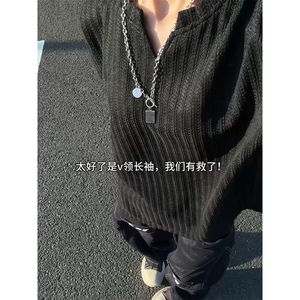 美式高街千鸟格子长袖T恤男女亨利V领英伦雅痞休闲宽松长袖打底衫图片