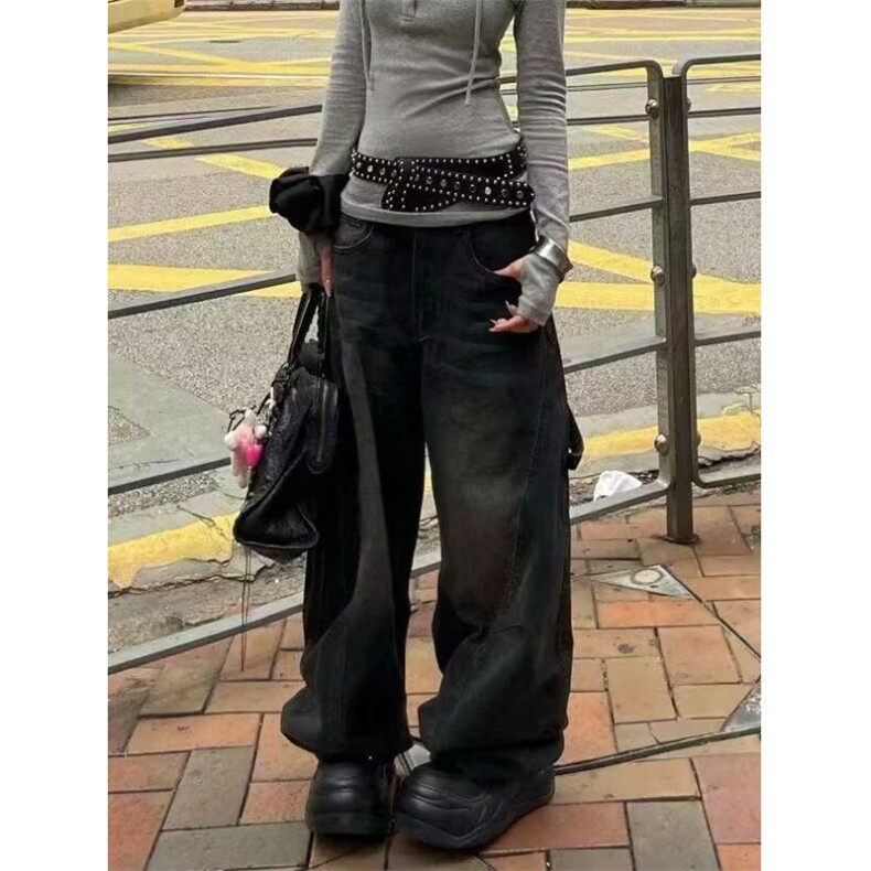 冬美式复古后背爱心印花宽松阔牛仔裤长裤男女L2045P53,男装牛仔裤,星座1112-1
