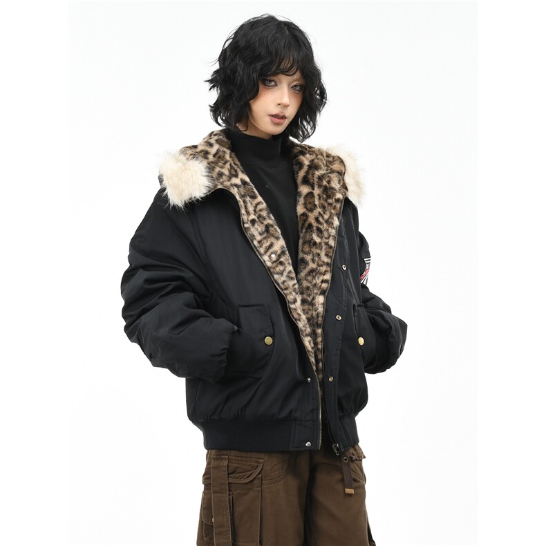 豹纹座山雕毛领连帽棉服女冬季宽松夹棉飞行棉衣外套男M0536-P105图片