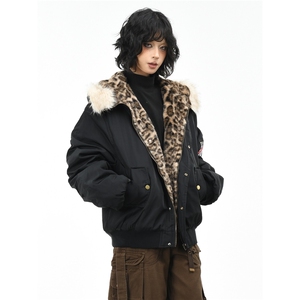 豹纹座山雕毛领连帽棉服女冬季宽松夹棉飞行棉衣外套男M0536-P105图片