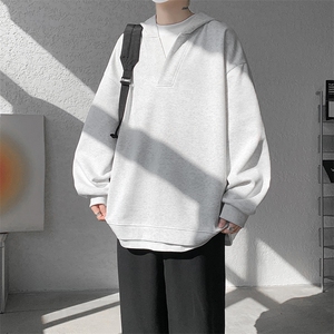 8XL-M叠穿假两件卫衣重磅连帽V领拼接套头衫宽松大码外套WY006P65,杨幂小香风外套搭配图片