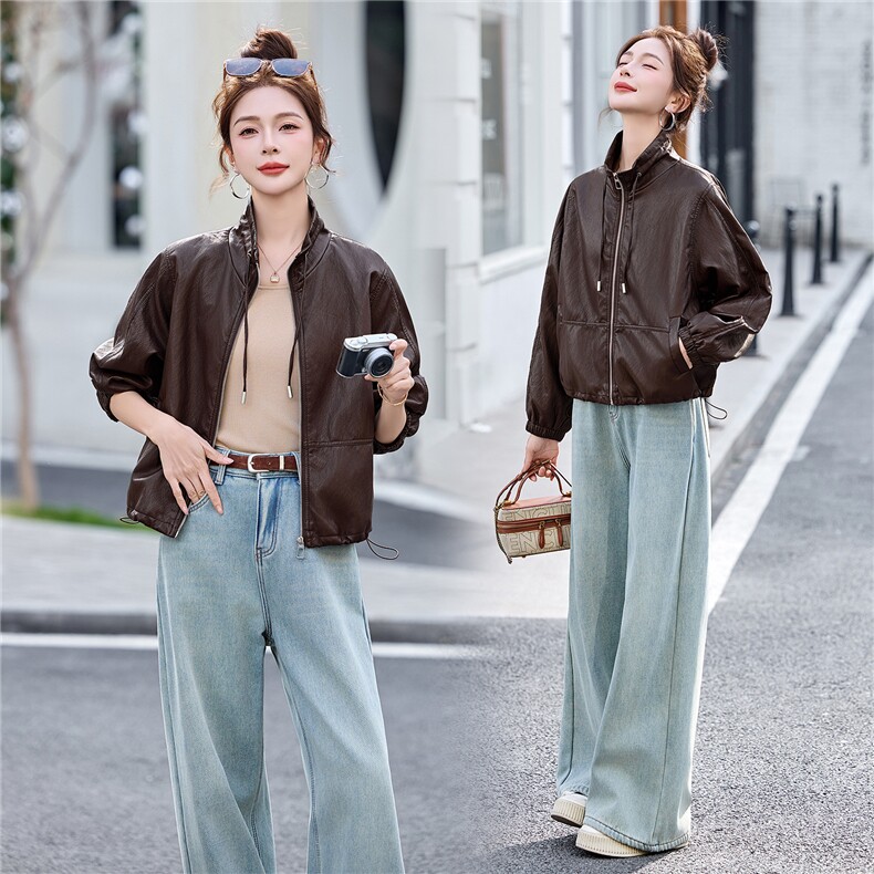 高端欧货春季新款高级感时尚抽绳立领外套宽松休闲夹克衫上衣女，女装皮衣，跑量工厂店