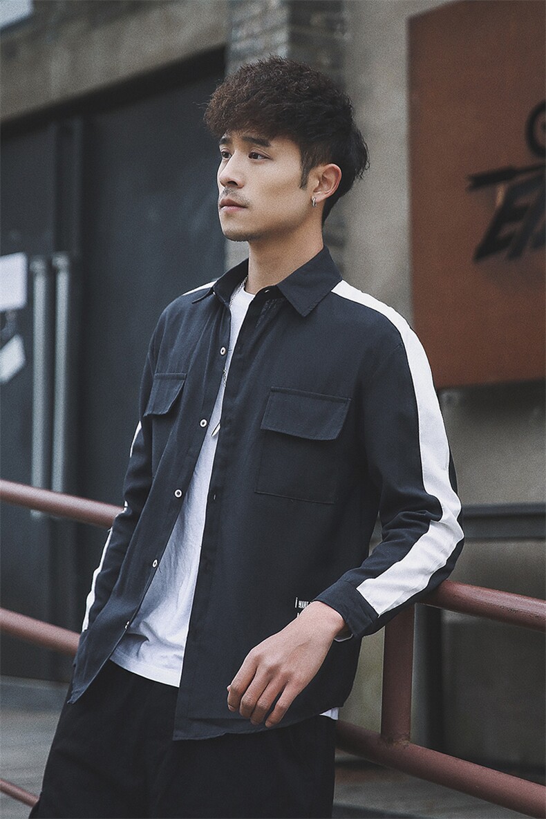 2021外景日系春季新大码拼接纽扣翻领宽松休闲衬衫男C507-P45,男装衬衫,电商A001