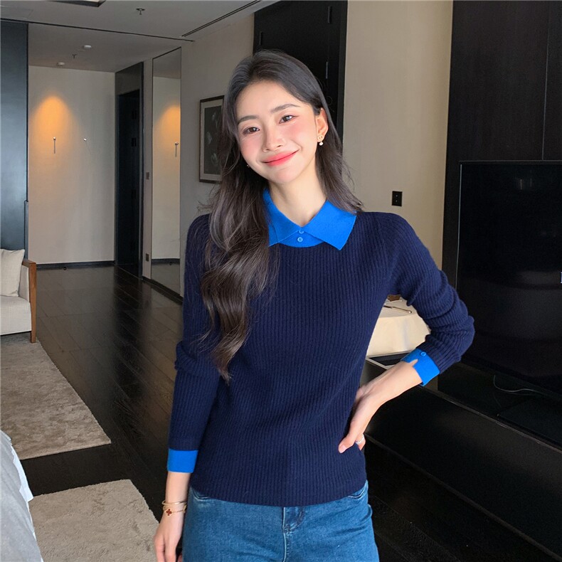 2025秋冬百搭时尚简约拼色翻领羊绒衫,女装羊绒衫,玛卡隆羊绒
