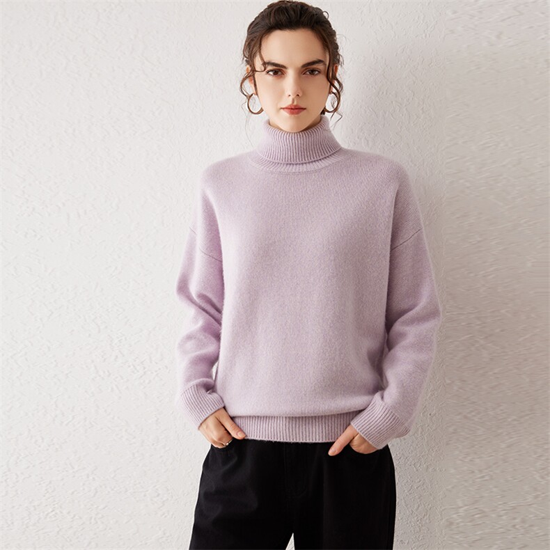 秋冬季35%羊绒简约休闲百搭时尚三股花纱高翻羊绒衫，女装羊绒衫，云暖羊山羊绒