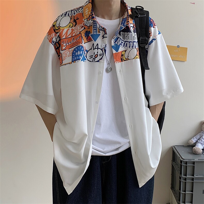 衬衫男士港风短袖冰丝T恤宽松休闲外套A071-C36-P38,男装衬衫,电商A071