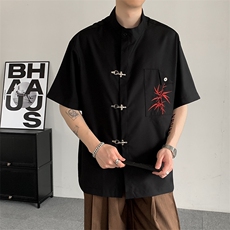 夏装中式风红色竹子刺绣立领衬衣结构口袋衬衣短袖男女大码外套，男装T恤，星座909