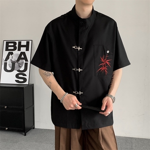 夏装中式风红色竹子刺绣立领衬衣结构口袋衬衣短袖男女大码外套图片