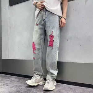 139-P45 潮牌高端破洞牛仔裤男款美式高街做旧潮流宽松直筒休闲图片
