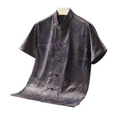 主推大货香云纱唐装短袖衬衫男士中年艺术风复古盘扣T恤，男装民族服装，钱塘723