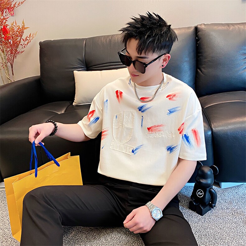 AT507/特P58控78/夏季社会小伙刺绣字母彩绘涂鸦扎染打底男黑首,男装T恤,星座305B-1
