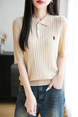 2025早秋高级感翻领纯棉短袖女绞花新款POLO领半袖针织衫T恤上衣，女装T恤，盛世绒华