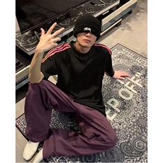 抖音得物品质二开240克宽松纯棉美式潮牌印花三条杠中性风短袖T恤，男装T恤，电商A486