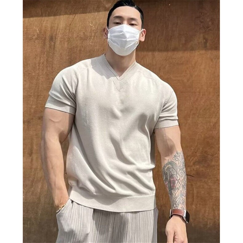V领针织短袖t恤男士夏季薄款轻熟风简约纯色透气体恤衫 Z66图片