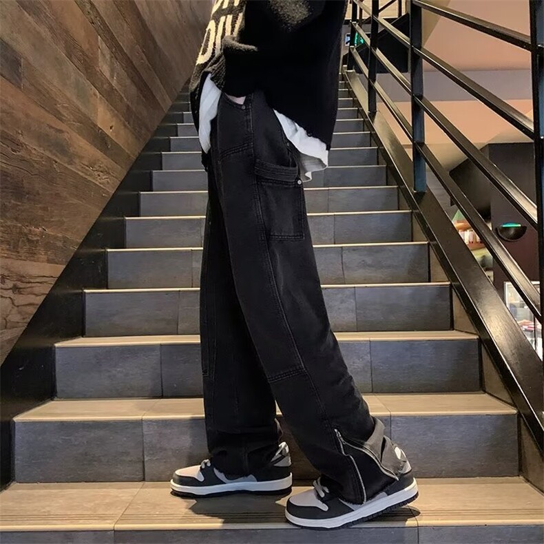 工装牛仔裤男美式高街潮牌痞帅设计感裤脚拉链阔腿裤WH82-P53,男装牛仔裤,星座1001-1