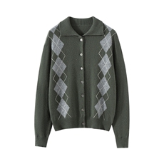 2025秋冬新款羊绒衫女100%纯羊绒POLO领菱形格时尚半系扣针织套衫，女装羊绒衫，戎叶云台