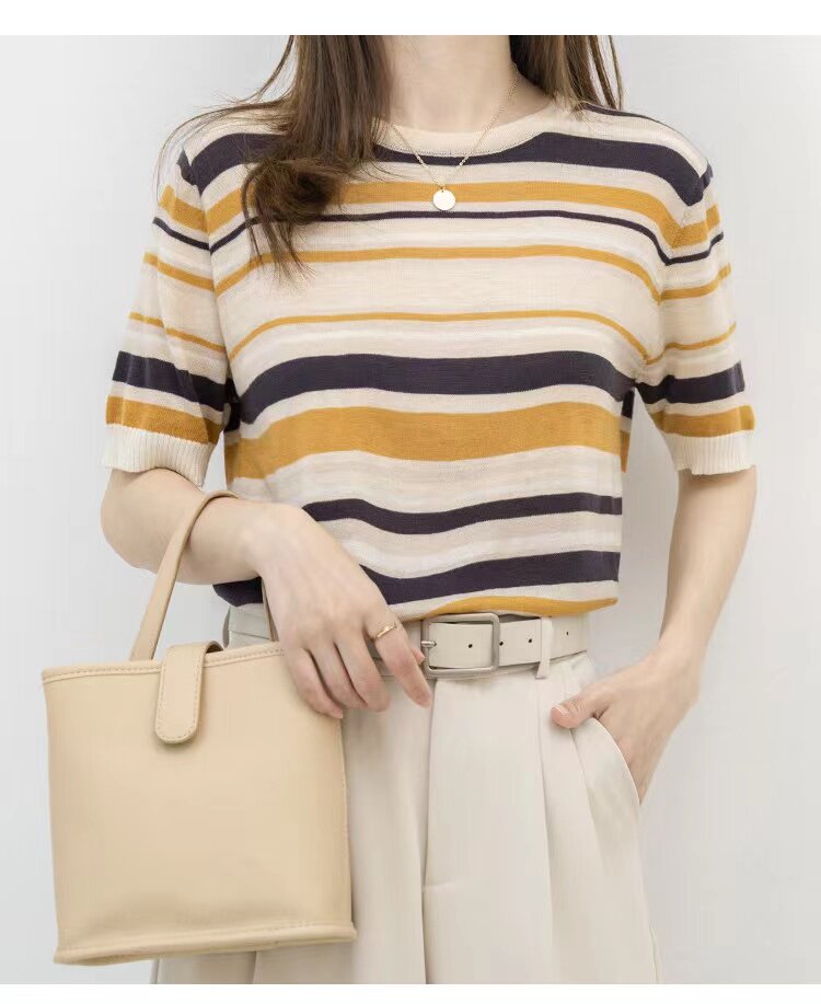 时尚渐变条纹圆领天丝棉针织衫舒适百搭显瘦短袖毛衣，女装针织衫/毛衣，雪真羊绒