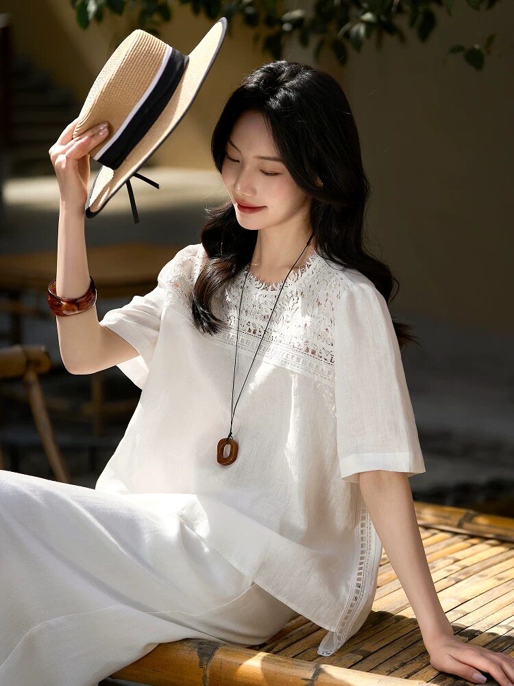 夏季重工蕾丝亚麻衬衫宽松圆领女上衣,女装T恤,湘姗
