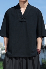 男士亚麻透气风五分袖上衣2025夏季新款短袖体恤T82-P50，男装T恤，电商A008