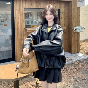 bf风黑色立领皮衣外套女2025秋季新款简约高级感宽松休闲短款上衣图片