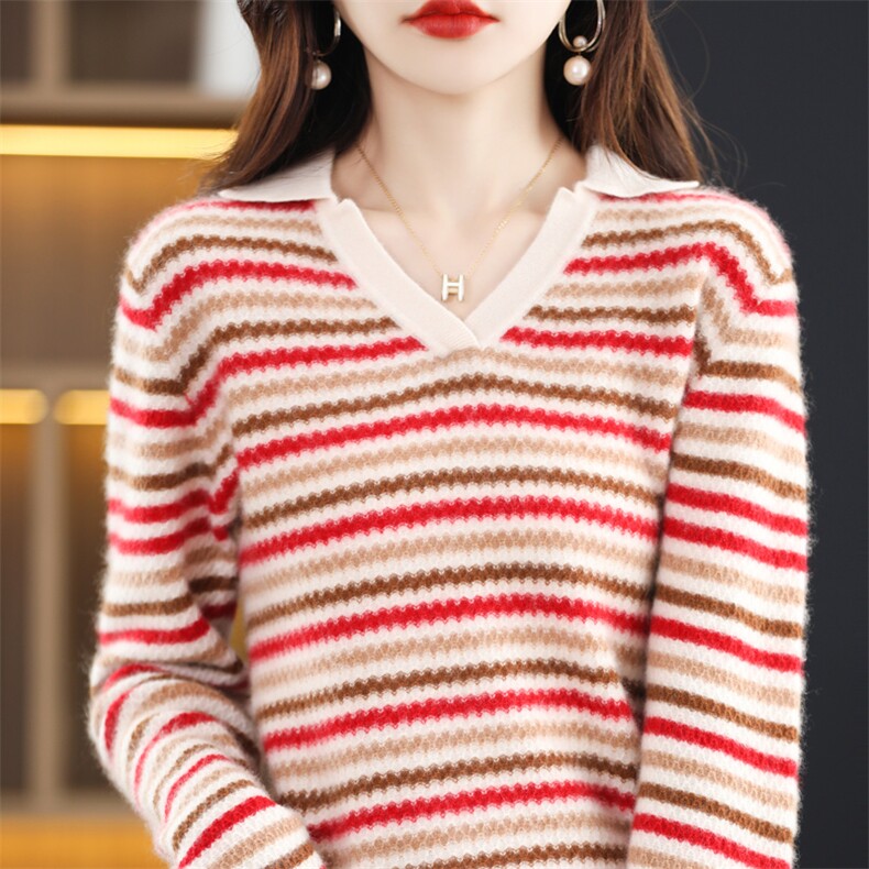 25秋冬款条纹100羊毛衫女V领拼色毛衣宽松羊绒针织衫翻领长袖上衣，女装羊毛衫，琳华羊绒