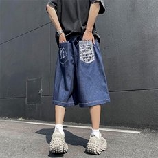 港风夏款男牛仔短裤刺绣宽松牛仔五分裤D3801P43，男装牛仔裤，星座1013-1