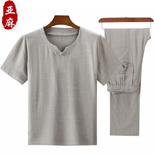 大货新款夏男款中老年风亚麻套装短袖T恤套装棉麻长裤爸爸装,男装中老年男装,钱塘723