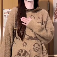 日系复古水貂绒连帽毛衣宽松休闲卡通熊提花套头针织衫，男装针织衫/毛衣，星座506A