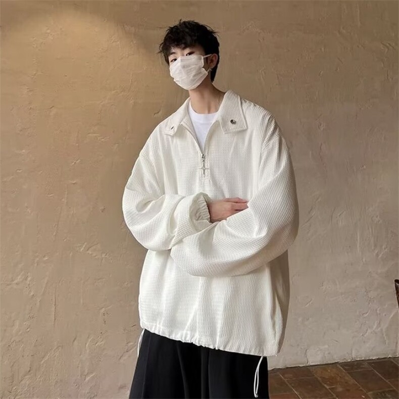676-P38 华夫格立领半拉链卫衣男ins小众设计感金属拉链宽松套头图片