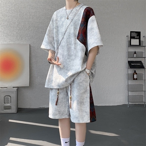 8XL-M民族风潮拼接休闲运动套装男夏季学生短袖短裤TZ38001P60图片