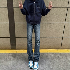 蓝色窄版直筒牛仔裤男秋季美式高街显腿长裤子vibe弹力修身微喇裤，男装牛仔裤，星座603-2