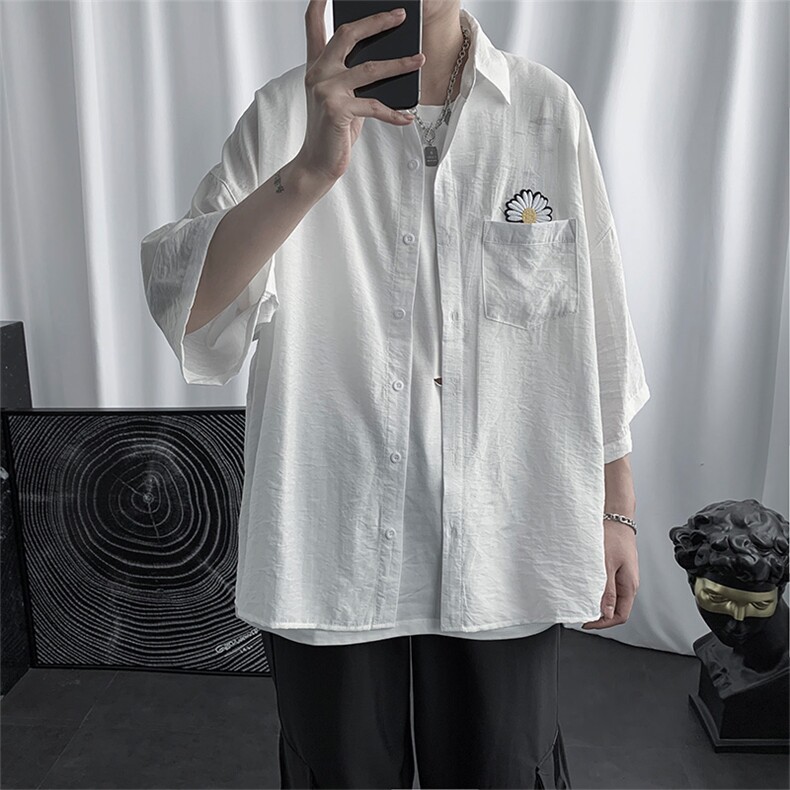 潮流宽松七分袖衬衣ins休闲百搭春季小雏菊短袖衬衫外套W637-P28,男装衬衫,星座512-2