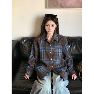 复古格子衬衫男女慵懒风宽松休闲百搭街头衬衣外套 C3008图片