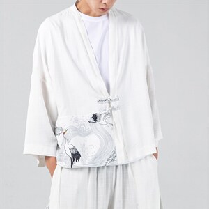 21夏季风棉麻风衣汉服道袍仙鹤日系大码披风防晒服F13/P60,男装风衣,钱塘713