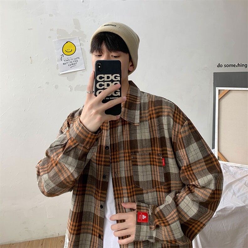 港风宽松复古长袖衬衫格子潮流休闲大码男士C751P32【特价】,男装衬衫,电商A007