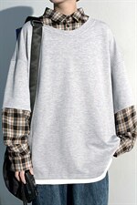 2021秋季新港风光影白墙大码男格子衬衫T恤假两件卫衣W5020-P50，男装卫衣，电商A001