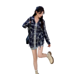 韩版时尚休闲格纹衬衫套装女2025春秋新款显瘦气质吊带短裙两件套图片