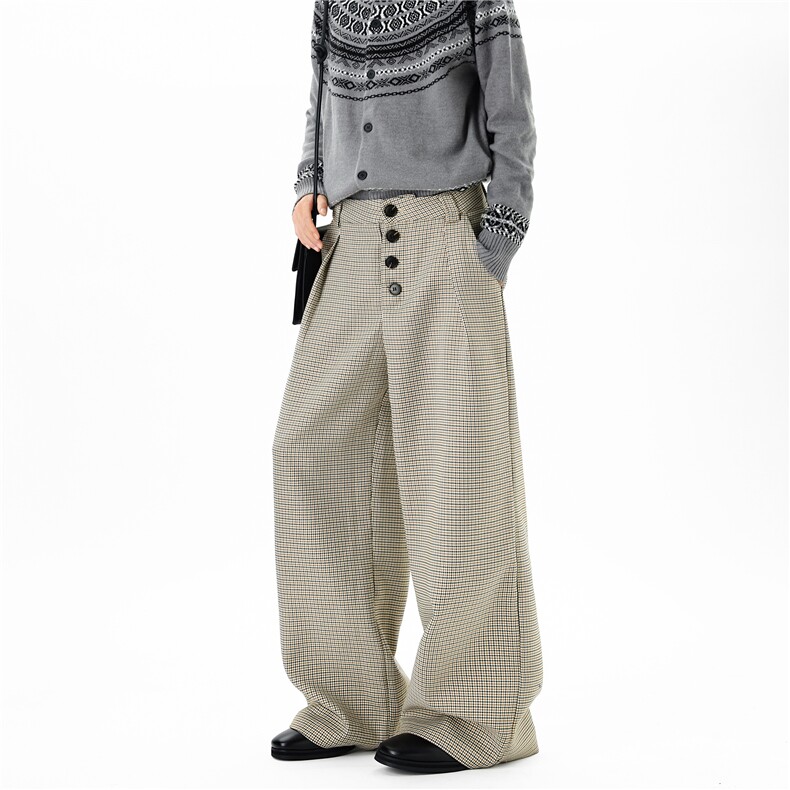 【现货】XZ612-PB020-特P51千鸟格打皱排扣A字阔腿西裤老钱风，男装西裤，星座612
