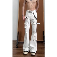 vibe绑带微喇工装牛仔裤男cleanfit美式高街修身喇叭裤子NZG612，男装牛仔裤，星座516A