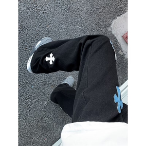 美式高街新款十字架贴布网红同款潮牌牛仔长裤宽松百搭休闲男女款图片