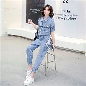 2022夏季新款简约气质减龄翻领个性复古牛仔两件套图片