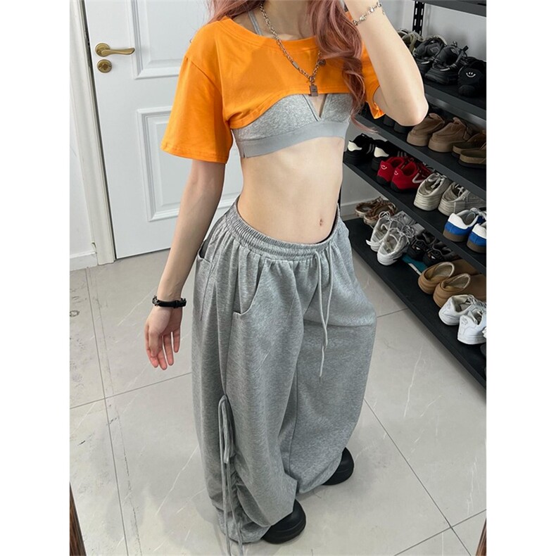 慵懒辣妹低腰灰色运动裤女设计感绑带抽绳爵士街舞嘻哈阔腿裤,女装休闲裤,星座1210-1