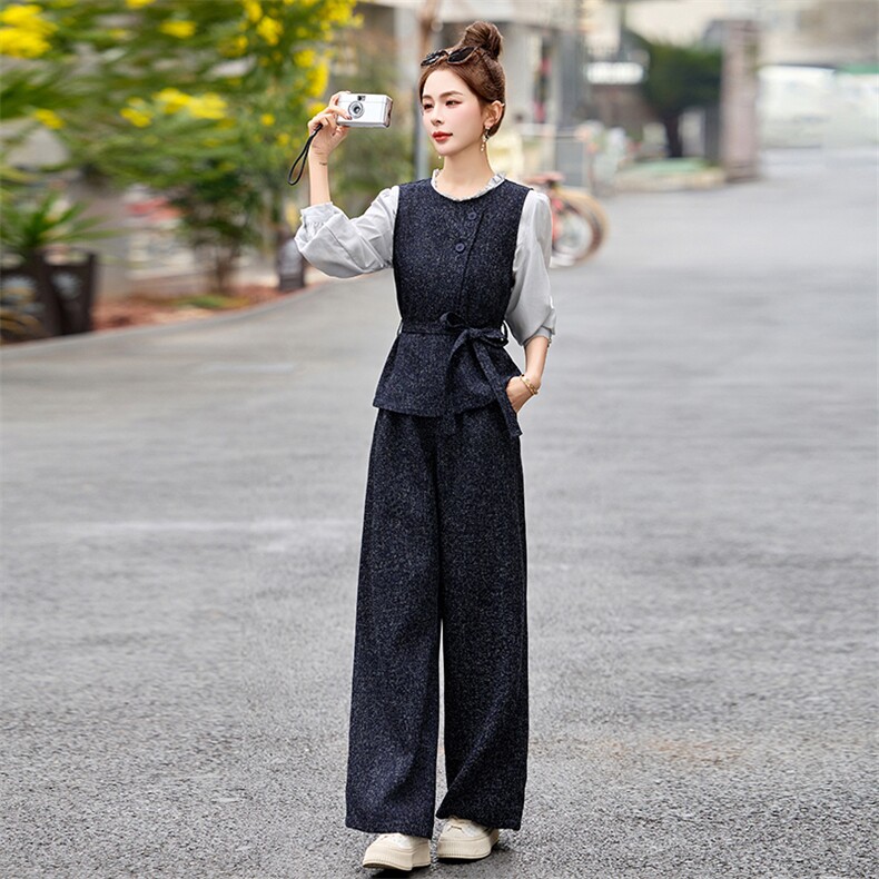 开春穿搭一整套时尚套装女2025新款通勤气质衬衫马甲阔腿裤三件套,女装套装/套裙,魅影